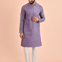 Inddus Paisley Woven Design Mandarin Collar Jacquard Silk Straight Kurta with Trousers-image-27