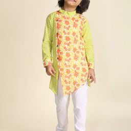 LIL PITAARA Boys Floral Printed Regular Pure Cotton Kurta with Pyjamas-image-4