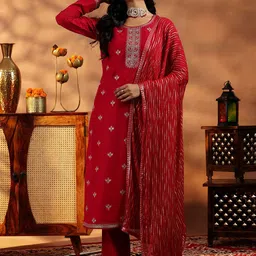 Libas Floral Embroidered Zari Regular Straight Kurta with Trousers & Dupatta-picture-10