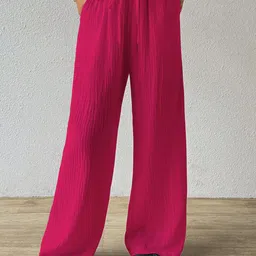 Sugathari Women Textured Relaxed Straight Leg Loose Fit Wrinkle Free Trousers-image-17