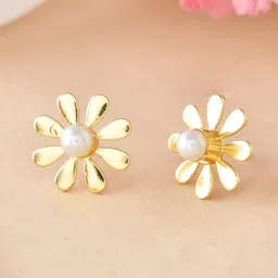 DressBerry Stainless Steel Gold Plated Pearls Studded Floral Shaped Studs-45