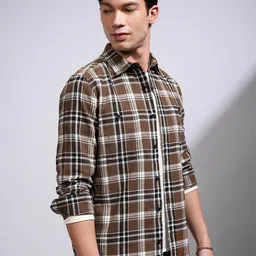 HIGHLANDER Men Spread Collar Tartan Checked Cotton Casual Shirt-image-49