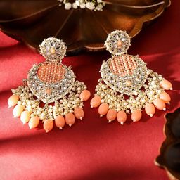 Priyaasi Gold-Plated Kundan Pearls Beaded Floral Pattern Drop Earrings-15