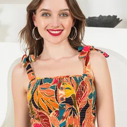 DEBONATELLA Women Abstract Printed Smocking Shoulder Straps Crop Top-9