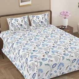 Jaipur Weaves Blue & White Floral 144 TC Queen Bedsheet with 2 Pillow Covers-picture-19