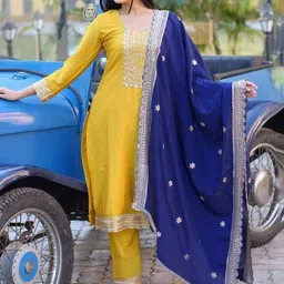 Kedar Fab Floral Yoke Design Straight Thread Work Kurta With Trousers And Dupatta-image-4
