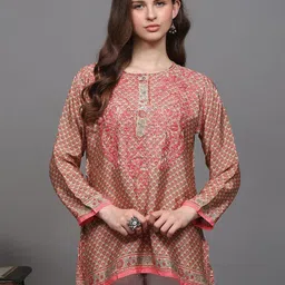 Exotic India Short Kurti With Chikankari Embroidery On Neck and Printed Bootis-image-26
