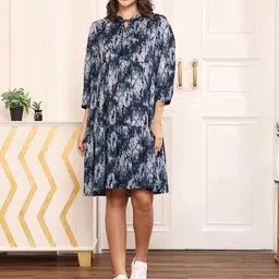 MomToBe Tie and Dye Print Tie-Up Neck Maternity Fit & Flare Above Knee Dress-19