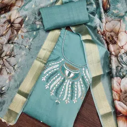 SHADOW & SAINING Floral Beads and Stones Embroidered Silk Semi-Stitched Dress Material-image-92