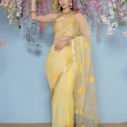 LABEL KASHI Floral Embroidered Zari Net Saree-picture-4