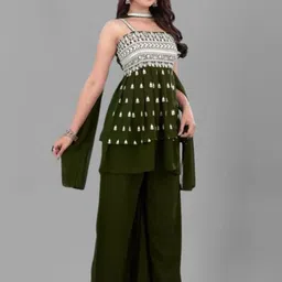 PARROT CREATION Floral Embroidered Georgette A-Line Kurti With Palazzos And Dupatta image 2