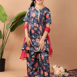Here&Now X Kinder Kids Girls Floral Printed Angrakha Kurti with Palazzos & With Dupatta-picture-13