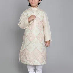 Little Clothings Boys Floral Embroidered Regular Thread Work Linen Kurta with Churidar-38