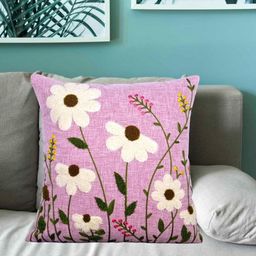 MONKDECOR Pink & Cream Floral Embroidered Linen Square Cushion Covers-image-81