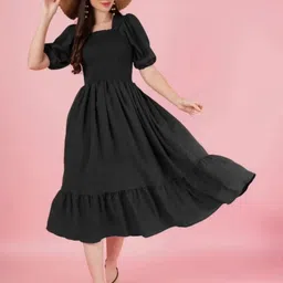 CROWN CREATION Puff Sleeve Ruffled Crepe Fit & Flare Maxi Dress-image-0