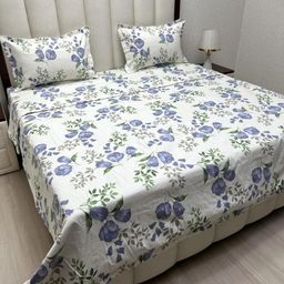 Pure Decor White & Blue Floral Polycotton 4 Piece Double King Superfine Bedding Set-image-99
