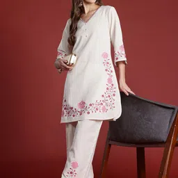 Indo Era Women Floral Printed Regular Thread Work Pure Cotton Kurta with Palazzos-picture-41