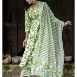 PARTHVI Women Printed Regular Thread Work Pure Cotton Kurta with Trousers & With Dupatta-17