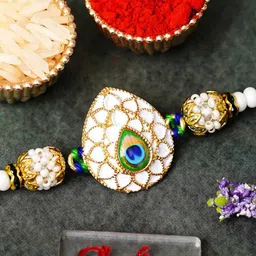 eCraftIndia Peacock Feather Pearls Designer Thread Rakhi-42