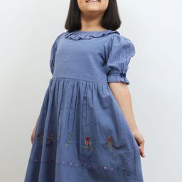 Sangria Girls Floral Embroidered Cotton A-Line Knee Length Dress-image-79