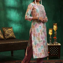Libas Floral Printed Regular Thread Work Straight Kurta with Trousers & Dupatta image 3