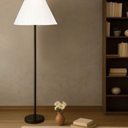 Devansh Off White & Black Frustum Solid Straight Pleated with Wooden Base Floor Lamp-picture-17