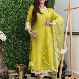 KALINI Floral Embroidered Chanderi Silk Kurta With Trousers & Dupatta-image-33