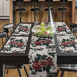 PRAKARTIK 4 Pieces Red Floral Printed Rectangular Cotton Table Placemats and Runner image 1