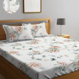 Myntra Elegant Homes Cream-Coloured & Grey Floral 300 TC King Bedsheet with 2 Pillow Covers-image-31