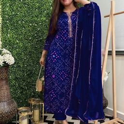 KALINI Bandhani Printed Mirror Work Straight Kurta with Trouser & Dupatta-image-4