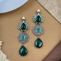 NAMAN ARTS Silver-Plated Oxidised Artificial Stones Studded Tear Drop Shaped Drop Earrings-49