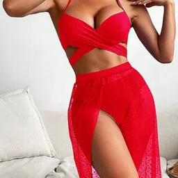 Plus Curvves Halter Neck Swim Bikini Set With Skirt-image-72
