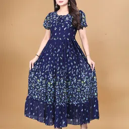 KRISHTI CREATION Floral Print Puff Sleeve Georgette Fit & Flare Maxi Dress-image-21