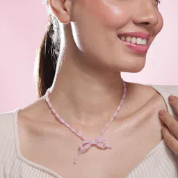 Rubans Rhodium-Plated Beaded Necklace With Bow Pendant-image-90