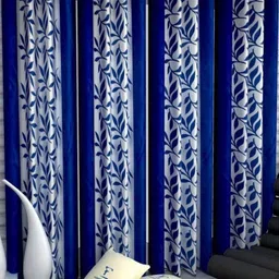BELLA TRUE Blue & White 4 Pieces Floral Printed Eyelet Fitted Door Curtains-image-84