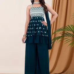 PARROT CREATION Floral Embroidered Sequinned Square Neck Kurti with Sharara & Dupatta-image-6