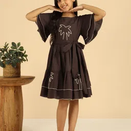Bugandbees Girls Embroidered Palm Motif Cotton Flared Sleeve Layered Fit & Flare Dress-picture-9