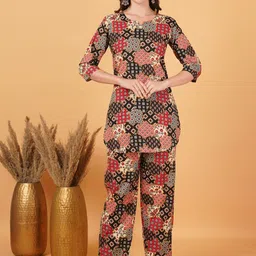 GUDWEARS Floral Printed Notch Neck Pure Cotton Tunic With Trousers-image-60