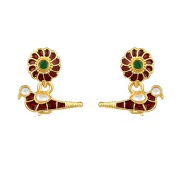 Stefan Gold-Plated Kundan Studded Enamelled Floral Shaped Drop Earrings-picture-2