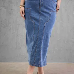 SASSAFRAS Curve Denim Back Slit Straight Midi Skirt-image-55