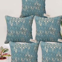 Blue Grass Green & Grey 5 Pieces Abstract Printed Velvet Square Cushion Covers-image-11