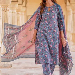KALINI Women Floral Printed Regular Pure Cotton Kurta with Trousers & With Dupatta-picture-24