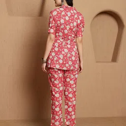 Sangria Pink Floral Printed Notched Lapel Collar Pure Cotton Tunic With Trousers image 2