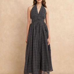 RAREISM Polka Dot Printed Halter Neck Janert Primary Black Fit-Flare Maxi Dress-image-2
