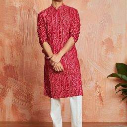 VASTRAMAY Bandhani Printed Mandarin Collar Straight Kurta With Trousers-image-62