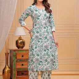 Moda Rapido Women Floral Printed Cotton Kurta with Trousers & Dupatta-picture-14
