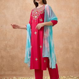 Globus Floral Embroidered Straight Kurta With Pants & Tie-Dye Dupatta Workwear Set-picture-48
