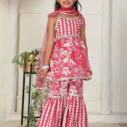 Cutiekins Girls Floral Printed Regular Gotta Patti Kurta with Sharara & With Dupatta-picture-3