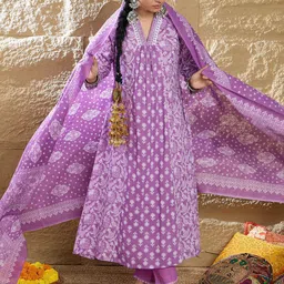Indo Era Women Floral Printed Panelled Pure Cotton Kurta with Trousers & With Dupatta-picture-11