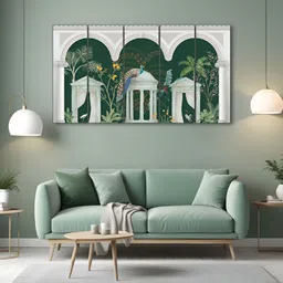 The Castle Decor White & Green 5 Pieces Trees Peacock Printed Wooden Wall Art-2